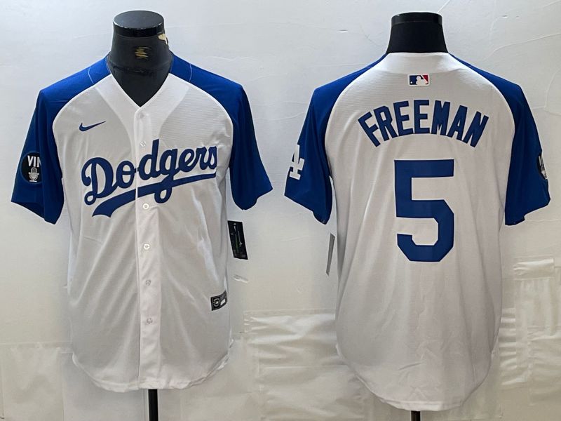 Men Los Angeles Dodgers 5 Freeman White blue Fashion Nike Game MLB Jersey style 1